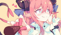 Rule 34 | 1girl, blue eyes, blush, closed mouth, elizabeth bathory (fate), elizabeth bathory (fate/extra ccc), elizabeth bathory (halloween caster) (fate), elizabeth bathory (second ascension) (fate), fate/grand order, fate (series), food, foreshortening, hair between eyes, hand on own cheek, hand on own face, heart, heart-shaped pupils, holding, holding food, horns, litsvn, long hair, looking away, nose blush, orange background, pink hair, pocky, simple background, solo, symbol-shaped pupils, tail, tareme, upper body, wavy mouth
