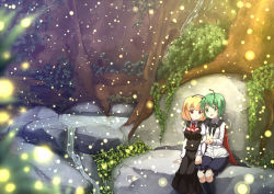 Rule 34 | 2girls, :d, antennae, blonde hair, blurry, cape, depth of field, forest, green eyes, holding hands, light particles, multiple girls, nakamura kusata, nature, open mouth, red eyes, rock, rumia, shirt, short hair, shorts, sitting, sitting on rock, skirt, smile, touhou, vest, water, wriggle nightbug