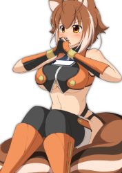 Rule 34 | 1girl, absurdres, animal ears, bare shoulders, blazblue, blush, boots, breasts, brown eyes, cellphone, commentary request, fingerless gloves, gloves, hair between eyes, highres, large breasts, makoto nanaya, mirano, object on breast, open mouth, own hands together, phone, sitting, sitting on tail, smartphone, solo, squirrel ears, squirrel girl, squirrel tail, tail, thighhighs, thighhighs under boots, underboob