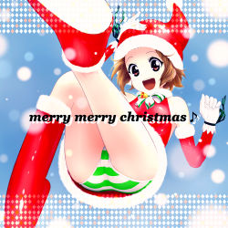 Rule 34 | 00s, 1girl, akahige, bad id, bad pixiv id, boots, brown hair, christmas, elbow gloves, female focus, gloves, hat, k-on!, open mouth, panties, red eyes, santa costume, santa hat, short hair, solo, striped clothes, striped panties, tainaka ritsu, underwear, white gloves