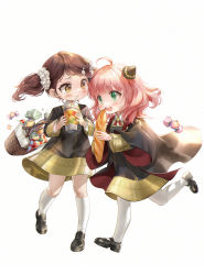 Rule 34 | 2girls, absurdres, ahoge, anya (spy x family), baguette, basket, becky blackbell, blush, bread, brown hair, candy, child, chinese commentary, cup, disposable cup, drinking straw, drinking straw in mouth, eden academy school uniform, food, green eyes, hairpods, highres, huangbanmimi, multiple girls, open mouth, pink hair, robe, school uniform, simple background, spy x family, white background, yellow eyes