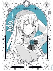 Rule 34 | 1girl, ado (utaite), arm up, black bow, black bowtie, blue flower, blue rose, blush, bow, bowtie, card (medium), chando (ado), character name, closed mouth, cloud nine inc, collared shirt, commentary, cotha do, dress shirt, flower, flower brooch, greyscale, highres, long hair, looking at viewer, monochrome, rose, shirt, sidelocks, solo, sparkle, spot color, symbol-only commentary, upper body, utaite