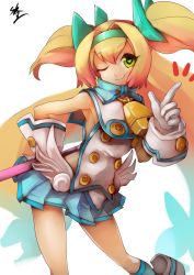 Rule 34 | 1girl, armpits, bell, blazblue, blonde hair, bow, gloves, green eyes, hair bow, headband, heart, heart-shaped pupils, highres, legs, long hair, looking at viewer, magical girl, one eye closed, platinum the trinity, simple background, smile, solo, sowel (sk3), symbol-shaped pupils, twintails, weapon, white background