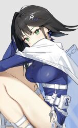 Rule 34 | 1girl, abigail (eternal return), ahoge, belt, belt pouch, black hair, black survival, blue bodysuit, blunt bangs, bodysuit, breasts, cape, cloak, covered mouth, earrings, eternal return: black survival, green eyes, hair between eyes, hair ornament, hairclip, highres, jewelry, large breasts, long sleeves, looking at viewer, medium hair, pouch, solo, syhan, thigh strap, thighs, upper body, white background, white belt, white cape, white footwear