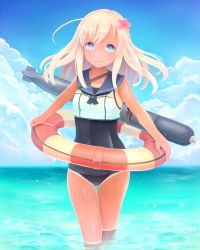 Rule 34 | 10s, 1girl, bad proportions, blonde hair, blue eyes, crop top, flower, hair flower, hair ornament, highres, kantai collection, lifebuoy, long hair, nomio, one-piece swimsuit, ro-500 (kancolle), sailor collar, school swimsuit, swim ring, swimsuit, swimsuit under clothes, tan, tanline, torpedo, wading, water