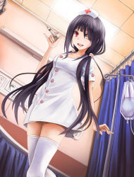 Rule 34 | 10s, 1girl, alternate costume, black hair, buttons, curtains, date a live, dress, dutch angle, fingernails, hair over one eye, hat, heterochromia, highres, long hair, looking at viewer, nurse, nurse cap, open mouth, pinky out, red eyes, short dress, solo, sunimu, syringe, thighhighs, tokisaki kurumi, twintails, white thighhighs, yellow eyes