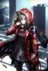Rule 34 | 1girl, arknights, black legwear, building, city, cityscape, coat, coat stash, fur-trimmed coat, fur-trimmed hood, fur trim, highres, hood, hood up, hooded coat, hooded jacket, jacket, long sleeves, looking at viewer, nishioka tomozou, open mouth, outdoors, projekt red (arknights), red coat, scenery, solo, wolf girl, yellow eyes