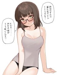 1girl bare_arms bare_shoulders between_legs black_panties blush breasts brown_eyes brown_hair camisole cleavage closed_mouth collarbone commentary_request cowboy_shot glasses grey_camisole hair_down hand_between_legs head_tilt large_breasts looking_at_viewer medium_hair minamoto_chiaki noble_works panties red-framed_eyewear semi-rimless_eyewear sidelocks simple_background sitting solo spaghetti_strap speech_bubble straight_hair tft_(tft7822) translation_request underwear white_background