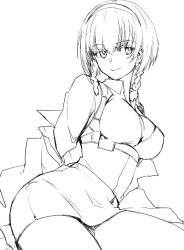 Rule 34 | armored core, armored core 6, ayre (armored core 6), braid, formal, las91214, lineart, long sleeves, pantyhose, short hair, skirt, smile, suit, thighhighs, twin braids, undressing, white hair