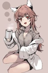 Rule 34 | 1girl, animal ears, bags under eyes, barefoot, black skirt, blush, breasts, brown hair, cat ears, cleavage, coffee, commentary request, cup, ganesagi, girls&#039; frontline, hair between eyes, hair ornament, holding, lab coat, long hair, looking at viewer, medium breasts, messy hair, open mouth, persica (girls&#039; frontline), red eyes, shirt, short shorts, shorts, sitting, skirt, smile, solo