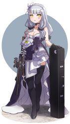 Rule 34 | 1girl, assault rifle, bare shoulders, black footwear, black thighhighs, blue background, breasts, circle, cleavage, dress, facial mark, flower, formal, girls&#039; frontline, gloves, gun, h&amp;k hk416, hair ornament, hairband, highres, hk416 (girls&#039; frontline), hk416 (starry cocoon) (girls&#039; frontline), kuro kosyou, long hair, marble (stone), marble floor, official alternate costume, rifle, shoes, silver hair, solo, standing, strapless, strapless dress, teardrop, thighhighs, weapon, weapon case, white background, yellow eyes