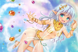 Rule 34 | 1girl, bikini, blue eyes, blue hair, blush, bracelet, breasts, dancer, elf, gem, gradient background, hair ornament, harem outfit, jewelry, kojiro d, long hair, matching hair/eyes, navel, open mouth, original, pointy ears, sandals, see-through, small breasts, smile, solo, sparkle, standing, standing on one leg, swimsuit, throwing
