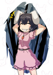 Rule 34 | 1girl, animal ears, arms behind head, bamboo, black hair, carrot, carrot necklace, dress, closed eyes, grin, hashiro, inaba tewi, jewelry, necklace, pendant, pink dress, rabbit, rabbit ears, short hair, smile, solo, touhou