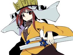 Rule 34 | androgynous, anmita (rarutos), belt, crown, frilled hat, frills, gender request, hat, japanese clothes, len&#039;en, ooya kunimitsu, other focus, red eyes, red hair, short hair, simple background, solo, sword, turtleneck, vest, weapon