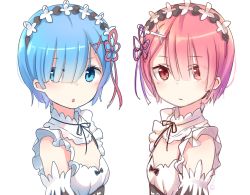 Rule 34 | 10s, 2girls, :o, blue eyes, blue hair, breasts, detached sleeves, expressionless, eyebrows, hair ornament, hair over one eye, hairband, looking at viewer, maid, maid headdress, multiple girls, open mouth, pink eyes, pink hair, piripun, ram (re:zero), re:zero kara hajimeru isekai seikatsu, red eyes, red ribbon, rem (re:zero), ribbon, short hair, siblings, simple background, sisters, small breasts, twins, white background, x hair ornament