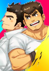 Rule 34 | 2boys, arm hair, back-to-back, bara, blush, chest hair peek, couple, facial hair, fighting stance, forked eyebrows, goatee, goatee stubble, happy, huge eyebrows, long sideburns, looking at another, looking back, male focus, multiple boys, muscular, muscular male, oskn tengoku, pectorals, photokinesis, protagonist 3 (housamo), short hair, sideburns, smile, stubble, takabushi kengo, thick eyebrows, tokyo houkago summoners, two-tone background, upper body, v-shaped eyebrows, yaoi
