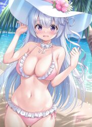 Rule 34 | 1girl, artist request, bare arms, bare shoulders, beach, bikini, breasts, choker, cleavage, cowboy shot, day, flower, frilled bikini, frilled choker, frills, halterneck, hands up, hat, hat flower, highres, indie virtual youtuber, large breasts, long hair, looking at viewer, naito mare (vtuber), navel, open mouth, outdoors, pink bikini, purple eyes, second-party source, side-tie bikini bottom, solo, standing, stomach, string bikini, sun hat, swimsuit, virtual youtuber, water, white choker, white hair, white hat