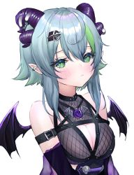 Rule 34 | 1girl, apricot the lich, apricot the lich (1st costume), blue hair, blush, breasts, cleavage, demon wings, gloves, green hair, hair behind ear, horns, looking at viewer, medium breasts, multicolored hair, multiple horns, pointy ears, purple gloves, solo, streaked hair, virtual youtuber, vshojo, white background, wings, yashu (shubewbz)