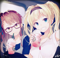 Rule 34 | 10s, 2girls, :3, alternate costume, beatrix (granblue fantasy), belldot, bespectacled, blonde hair, blue eyes, blue ribbon, blue shirt, breasts, brown-framed eyewear, brown eyes, brown hair, casual, closed eyes, closed mouth, contemporary, cream, cup, drink, drinking straw, earrings, eyebrows, eyelashes, flat chest, friends, glasses, granblue fantasy, green nails, grin, hair ornament, hair ribbon, hairband, head tilt, indoors, jewelry, long hair, looking at viewer, multiple girls, nail polish, necklace, one side up, overalls, red nails, ribbon, shirt, short sleeves, signature, sketch, smile, starbucks, swept bangs, t-shirt, twintails, upper body, white shirt, yellow eyes, zeta (granblue fantasy)