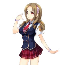 Rule 34 | 1girl, amagai yukino, breasts, brown hair, game cg, large breasts, legs, long hair, looking at viewer, nail polish, necktie, red eyes, school uniform, simple background, skirt, solo, standing, thighs, tsuyokiss next shokaiban, white background