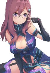 Rule 34 | 10s, 1girl, adjusting eyewear, black thighhighs, breasts, brown hair, cleavage, closed mouth, commentary request, elbow gloves, fingerless gloves, garter straps, glasses, gloves, hair between eyes, hair ornament, hand up, highres, idolmaster, idolmaster cinderella girls, large breasts, long hair, looking to the side, purple eyes, science fiction, semi-rimless eyewear, simple background, sitting, solo, tetsujin momoko, thighhighs, white background, yagami makino
