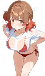 1girl :t absurdres ahoge bare_legs bikini breasts brown_hair collarbone feet_out_of_frame gakuen_idolmaster gradient_hair groin halterneck hanami_ume highres idolmaster large_breasts leaning_forward looking_at_viewer multicolored_hair orange_hair pout puff_of_air red_bikini shiguren_39 shirt short_sleeves side-tie_bikini_bottom simple_background solo string_bikini swimsuit t-shirt thigh_gap wet wet_clothes wet_shirt white_background white_shirt