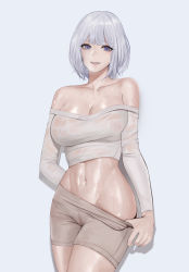 Rule 34 | 1girl, abs, absurdres, bare shoulders, breasts, cleavage, covered erect nipples, gcg, girls&#039; frontline, grey background, highres, large breasts, long sleeves, looking at viewer, navel, off-shoulder shirt, off shoulder, purple eyes, rpk-16 (girls&#039; frontline), seductive smile, shirt, short hair, silver hair, simple background, smile, solo, sweat, wet, wet clothes, white background
