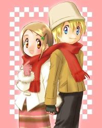 Rule 34 | 00s, 1boy, 1girl, blonde hair, blue eyes, blush, brown eyes, brown hair, clover, couple, digimon, digimon adventure 02, four-leaf clover, gloves, hair ornament, hairclip, hat, hetero, holding hands, interlocked fingers, lowres, red scarf, scarf, shared clothes, shared scarf, takaishi takeru, yagami hikari