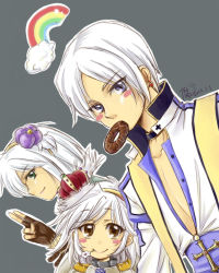 Rule 34 | 1boy, 2girls, arch bishop (ragnarok online), armor, blue coat, blue eyes, blush stickers, breastplate, brown eyes, brown gloves, chinese commentary, choker, closed mouth, coat, commentary request, cropped jacket, crown, dated, doughnut, dutch angle, earrings, eyes visible through hair, fingerless gloves, flower, flower in mouth, food, food in mouth, fumiao, gloves, green eyes, grey background, hair between eyes, highres, jacket, jewelry, long sleeves, looking at viewer, multiple girls, pauldrons, ragnarok online, rainbow, royal guard (ragnarok online), shadow chaser (ragnarok online), shoulder armor, simple background, smile, upper body, white flower, white hair, white jacket