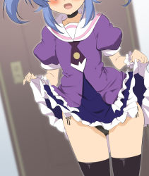 Rule 34 | 1girl, :d, black choker, black panties, black thighhighs, blue hair, blurry, blurry background, blush, choker, clothes lift, commentary request, depth of field, door, fang, frilled skirt, frills, gluteal fold, head out of frame, kurobane alice, lifted by self, momio, open mouth, panties, puffy short sleeves, puffy sleeves, purple shirt, purple skirt, sailor collar, shadowverse (anime), shirt, short sleeves, side-tie panties, sidelocks, skirt, skirt lift, smile, solo, standing, thighhighs, twintails, underwear, white sailor collar, wrist cuffs