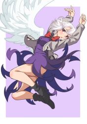 Rule 34 | 1girl, ass, black footwear, blush, boots, breasts, dress, feathered wings, full body, grey hair, grey jacket, gyouza (mhea5724), high heel boots, high heels, highres, jacket, jumping, kishin sagume, legs, long sleeves, looking to the side, medium breasts, midair, open clothes, open jacket, open mouth, purple background, purple dress, red eyes, short hair, simple background, single wing, solo, thighs, touhou, white wings, wings