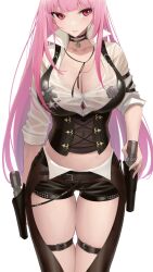 Rule 34 | 1girl, absurdres, breasts, button gap, choker, cleavage, collared shirt, corset, gun, highres, hololive, hololive english, holster, large breasts, long hair, midriff, mori calliope, mori calliope (sheriff), pink hair, red eyes, sheriff badge, shirt, shorts, simple background, skindentation, solo, somebody (leiking00), sweat, thick thighs, thigh gap, thigh strap, thighs, very long hair, virtual youtuber, weapon, wet, wet clothes, wet shirt, white background, white shirt