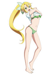 Rule 34 | 1girl, barefoot, bikini, blonde hair, clothes lift, feet, full body, green bikini, green eyes, leafa, long hair, looking at viewer, navel, official art, open mouth, pointy ears, ponytail, shirt lift, short sleeves, simple background, solo, standing, star (symbol), star print, striped bikini, striped clothes, swimsuit, sword art online, toes, white background