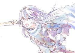 Rule 34 | 1girl, artist request, bad id, bad twitter id, blue eyes, blue hair, blush, cape, falchion (fire emblem), fingerless gloves, fire emblem, fire emblem awakening, gloves, long hair, nintendo, open mouth, simple background, solo, sword, weapon, white background