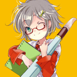 Rule 34 | 1girl, ;), awai, giant brush, glasses, green eyes, grey hair, hair ornament, hairclip, holding, holding notepad, long sleeves, looking at viewer, notepad, one eye closed, original, paintbrush, red-framed eyewear, red shirt, shirt, short hair, simple background, smile, solo, vest, white vest, x hair ornament, yellow background
