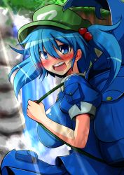 Rule 34 | 1girl, alternate breast size, backpack, bag, blue eyes, blue hair, blurry, blush, breasts, buttons, clenched hand, depth of field, hair bobbles, hair ornament, hat, huge breasts, kawashiro nitori, light rays, looking at viewer, looking back, looking to the side, matching hair/eyes, open mouth, pocket, puffy short sleeves, puffy sleeves, rindou (p41neko), rock, short hair, short sleeves, solo, strap, sunbeam, sunlight, touhou, tree, twintails, two side up, water, waterfall