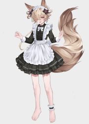 Rule 34 | 1boy, absurdres, alternate costume, animal ears, ankle garter, apron, axescr, barefoot, black dress, blonde hair, bow, bowtie, brown eyes, center frills, collared dress, commentary request, crossdressing, dress, eyelashes, eyeshadow, feet, fox ears, fox tail, frilled apron, frilled dress, frills, full body, granblue fantasy, hair ornament, hair over one eye, hair ribbon, hands up, highres, kou (granblue fantasy), long hair, long sleeves, looking at viewer, low ponytail, maid apron, maid headdress, makeup, male focus, no shoes, one eye covered, open mouth, parted bangs, ponytail, red eyeshadow, ribbon, sidelocks, sleeve cuffs, smile, solo, standing, tail, toes, trap, white apron, white background, white bow, white bowtie, wing collar