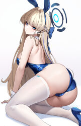 Rule 34 | 1girl, animal ears, ass, bad id, bad twitter id, bare arms, bare shoulders, blonde hair, blue archive, blue eyes, blue footwear, blue hairband, blue leotard, blush, commentary request, detached collar, eternity (shadeh), fake animal ears, fake tail, from behind, hair intakes, hair ornament, hairband, halo, high heels, highres, leotard, long hair, looking at viewer, looking back, playboy bunny, rabbit ears, rabbit tail, simple background, solo, tail, thighhighs, thighs, toki (blue archive), toki (bunny) (blue archive), white background, white thighhighs, wrist cuffs