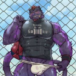 Rule 34 | 1boy, bandaid, bandaid on cheek, bandaid on face, bara, blush, borrowed character, bulge, cat boy, cat tail, covered abs, covered erect nipples, covered navel, covered penis, facial hair, fence, furry, furry male, gift art, goatee, head tilt, headband, highres, large pectorals, male focus, male underwear, male underwear pull, mature male, muscular, muscular male, no pants, onionworkshop, original, paid reward available, pectorals, pulled by self, purple fur, red hair, shirt, short hair, sleeveless, solo, sportswear, sweat, tail, taut clothes, taut shirt, thick thighs, thighs, underwear, very sweaty, wet, wet clothes, wet male underwear, white male underwear