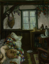 Rule 34 | 1girl, barefoot, bed, blanket, bookshelf, bottle, chair, cup, dog, fumino machi, half-timbered, indoors, long hair, lying, mug, on side, original, pillow, plant, plate, potted plant, rain, red hair, rug, sleeping, under covers, wainscoting, window, wooden floor