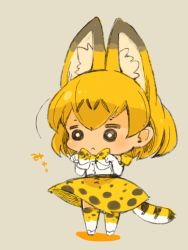 Rule 34 | 1girl, animal ears, blonde hair, bow, bowtie, chibi, closed mouth, elbow gloves, full body, gloves, kemono friends, mota, orange bow, print bow, print bowtie, serval (kemono friends), serval print, short hair, simple background, skirt, sleeveless, solo, tail, thighhighs