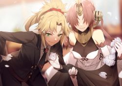 Rule 34 | 2girls, bare shoulders, black veil, blonde hair, blush, breasts, cleavage, dress, elbow gloves, fate/apocrypha, fate/grand order, fate (series), flower, formal, frankenstein&#039;s monster (fate), gloves, green eyes, grin, hair over eyes, headgear, horns, long sleeves, looking at viewer, medium breasts, medium hair, mordred (fate), mordred (fate/apocrypha), mordred (formal dress) (fate), multiple girls, necktie, no-kan, pink hair, rose, see-through, see-through cleavage, short hair, single horn, smile, suit, veil, wavy mouth, wedding dress, white dress, white flower, white gloves, white rose