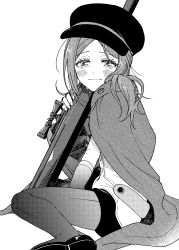 Rule 34 | 1girl, absurdres, baburo, cape, feet out of frame, from side, gloves, greyscale, gun, hat, highres, hiura akane, holding, holding gun, holding weapon, knee up, long hair, looking at viewer, messy hair, monochrome, pantyhose, rifle, simple background, sitting, smile, solo, tears, uniform, wariza, weapon, world trigger