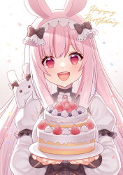 Rule 34 | 1girl, :d, animal ears, black bow, bow, breasts, cake, commentary request, confetti, food, fruit, gradient background, grey background, happy birthday, hitsuki rei, holding, holding plate, indie virtual youtuber, layered sleeves, long hair, long sleeves, looking at viewer, medium breasts, nica wolper, open mouth, pink hair, plate, puffy long sleeves, puffy short sleeves, puffy sleeves, rabbit ears, red eyes, shirt, short over long sleeves, short sleeves, sidelocks, smile, solo, strawberry, teeth, upper body, upper teeth only, very long hair, virtual youtuber, white background, white shirt