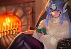Rule 34 | 1girl, artist name, blue hair, book, breasts, chimney, closed mouth, commission, english text, fire, fireplace, headpiece, indoors, kos-mos, leggings, light, long hair, long sleeves, negresco, pantyhose, reading, red eyes, shaded face, shadow, skeb commission, smile, solo, sweater, turtleneck, turtleneck sweater, xenosaga