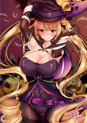 Rule 34 | 1girl, absurdly long hair, alternate costume, armpits, arms up, azur lane, bandages, bat hair ornament, belt, black pantyhose, blonde hair, blush, breasts, broom, buckle, cameltoe, cape, cleavage, covered navel, cowboy shot, dated, dress, elbow gloves, embarrassed, food-themed hair ornament, gem, gloves, hair ornament, halloween, halloween costume, hand on headwear, hat, holding, jack-o&#039;-lantern, jewelry, large breasts, leotard, long hair, looking at viewer, necklace, nelson (azur lane), nelson (luna witch) (azur lane), pantyhose, potion, pumpkin hair ornament, purple leotard, red eyes, red gemstone, sidelocks, signature, simple background, solo, taut clothes, taut dress, taut leotard, thigh strap, thighband pantyhose, twintails, very long hair, white background, wide sleeves, witch hat, yuzuri ai