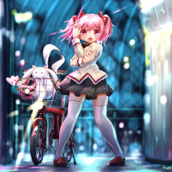 Rule 34 | 1girl, :3, highres, kaname madoka, kneehighs, kyubey, looking at viewer, magia record: mahou shoujo madoka magica gaiden, mahou shoujo madoka magica, nanami nanao, open mouth, pink eyes, pink hair, red eyes, school uniform, short hair, short twintails, socks, soul gem, twintails, white socks