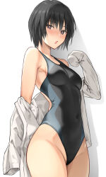 Rule 34 | 1girl, amagami, black hair, black one-piece swimsuit, bob cut, brown eyes, collared shirt, commentary request, competition swimsuit, covered navel, cowboy shot, dress shirt, highres, nanasaki ai, one-piece swimsuit, serizawa (serizawaroom), shirt, short hair, simple background, sleeves past fingers, sleeves past wrists, solo, standing, swimsuit, two-tone swimsuit, white background, white shirt