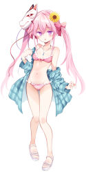 Rule 34 | 1girl, alternate costume, aqua jacket, bare shoulders, blush, bow, bow panties, bracelet, breasts, collarbone, commentary request, diagonal-striped bow, flower, full body, groin, hair bow, hair flower, hair ornament, hata no kokoro, highres, jacket, jewelry, knees, knees together feet apart, long hair, long sleeves, mask, mask on head, maturiuta sorato, navel, necklace, off shoulder, panties, pigeon-toed, pink bow, pink hair, pink pupils, plaid, plaid jacket, purple eyes, sandals, simple background, small breasts, solo, standing, stomach, striped bow, striped clothes, striped panties, sunflower, swimsuit, tachi-e, thighs, touhou, two side up, underwear, white background, white footwear, yellow flower