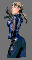Rule 34 | 1girl, ass, blonde hair, blue eyes, bodysuit, breasts, covered erect nipples, cropped legs, from side, gloves, grey background, gun, hand on own hip, hexagon, highres, holding, holding gun, holding weapon, impossible bodysuit, impossible clothes, jill valentine, katou teppei, lips, long hair, looking to the side, low ponytail, medium breasts, ponytail, profile, resident evil, resident evil 5, scrunchie, simple background, skin tight, skorpion vz. 61, solo, submachine gun, weapon